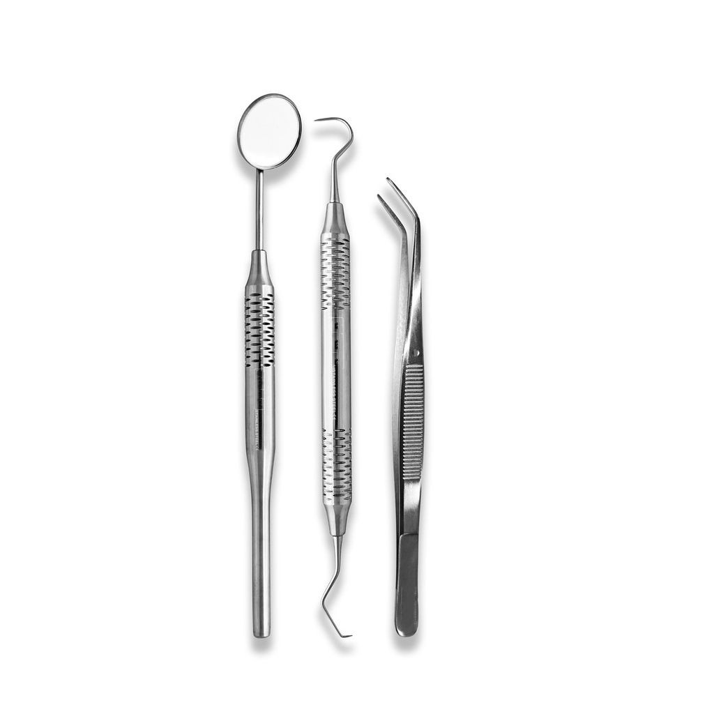 Dental mouth mirror, explorer probe and cotton pliers on a white background