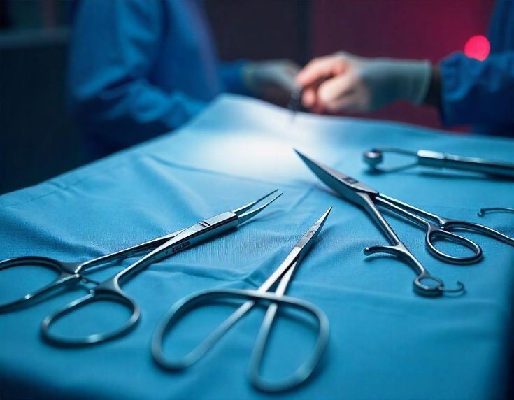 Fine ophthalmic scissors and micro forceps arranged on a sterile drape