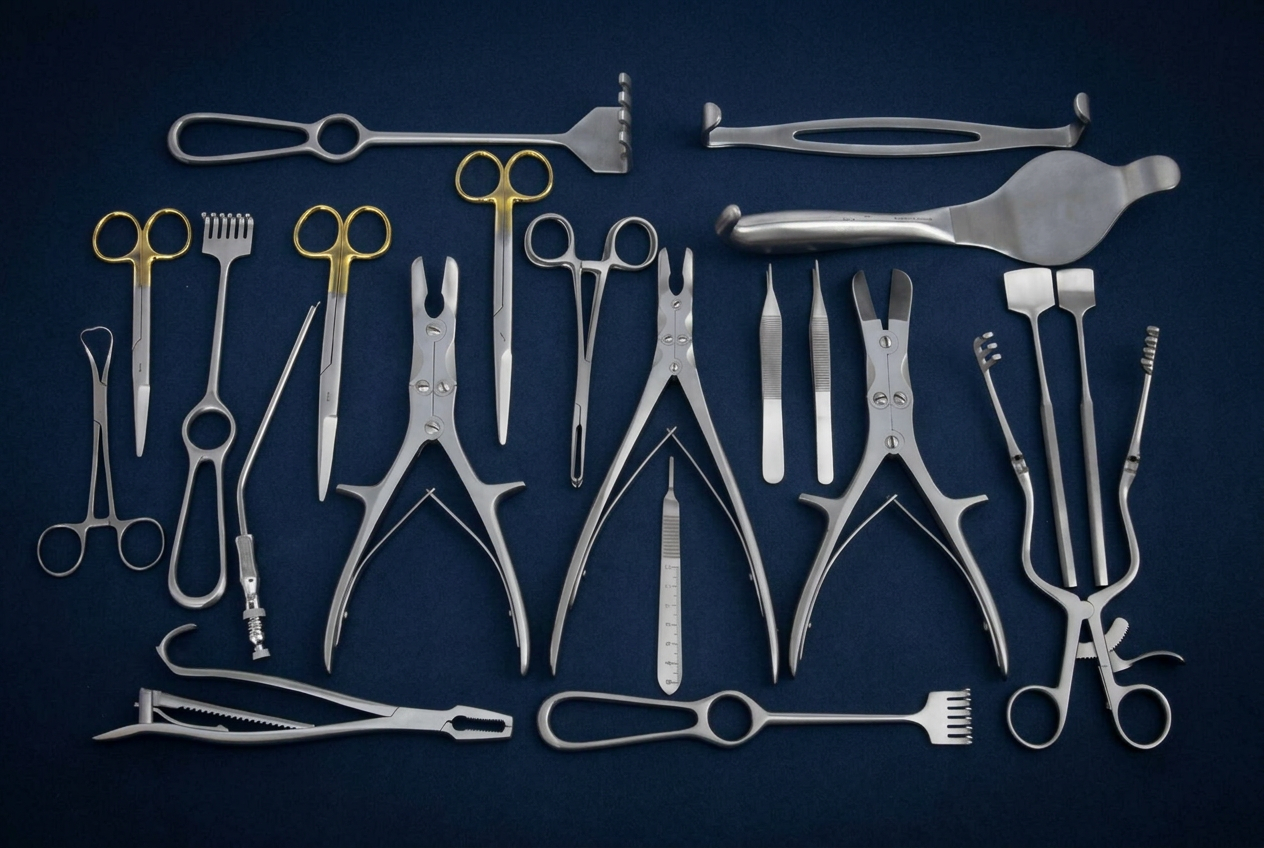 Full orthopedic instrument set — rongeurs, bone cutters, retractors and forceps laid out