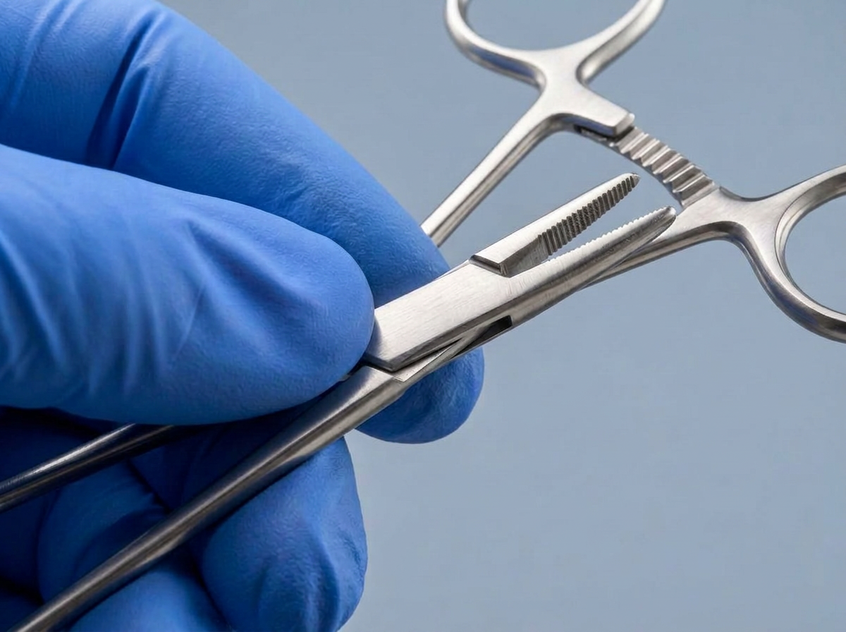 Gloved hand inspecting the serrated jaws and ratchet of a stainless steel needle holder
